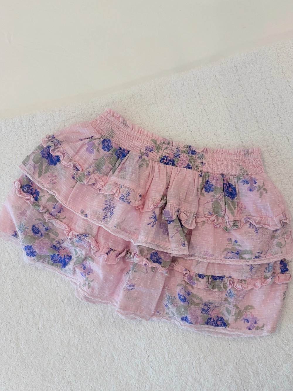 LoveShackFancy Girls Pink Floral Smocked Waist Skirt